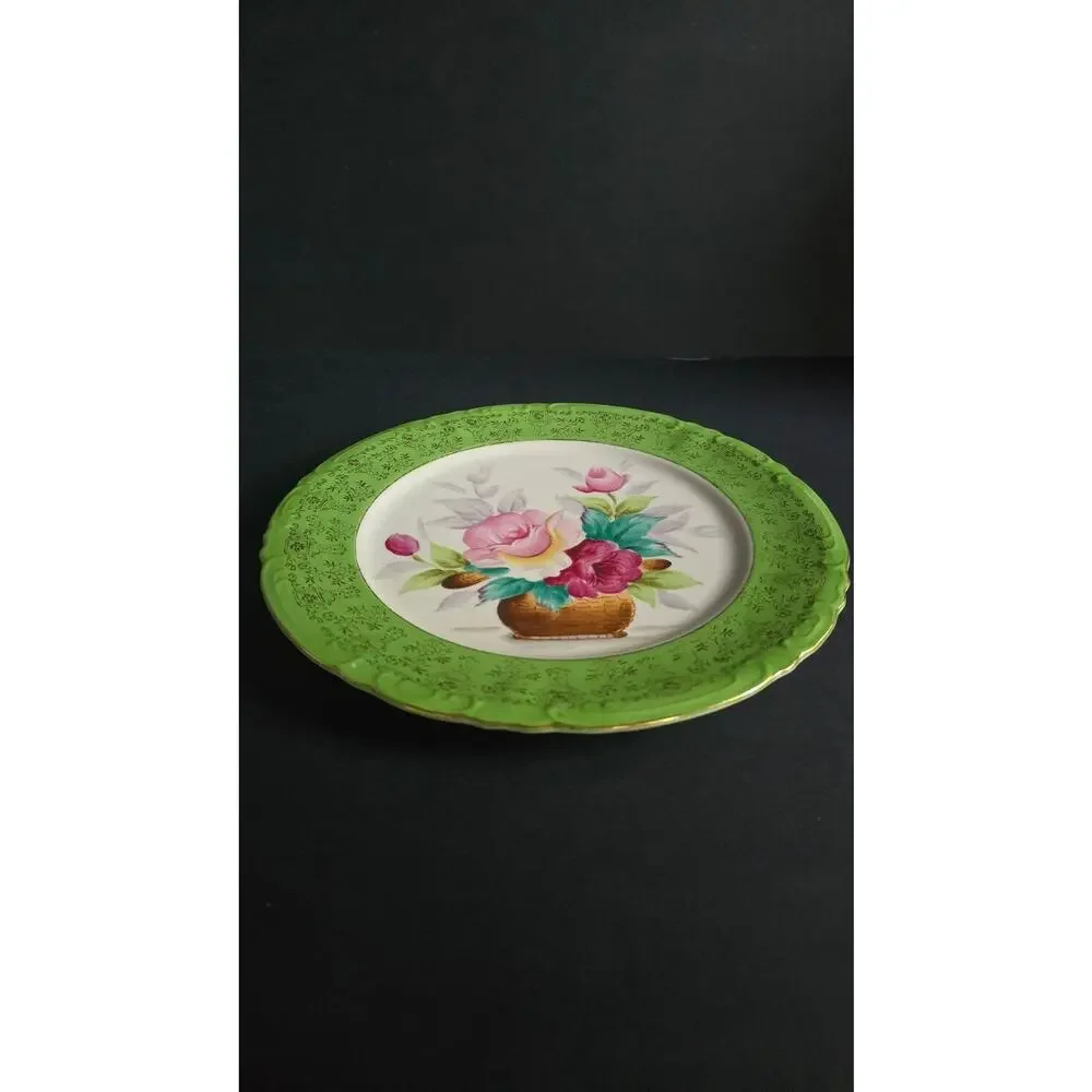 Vintage Porcelain Plate Painted Floral Basket Green Border Gold Trim Decor